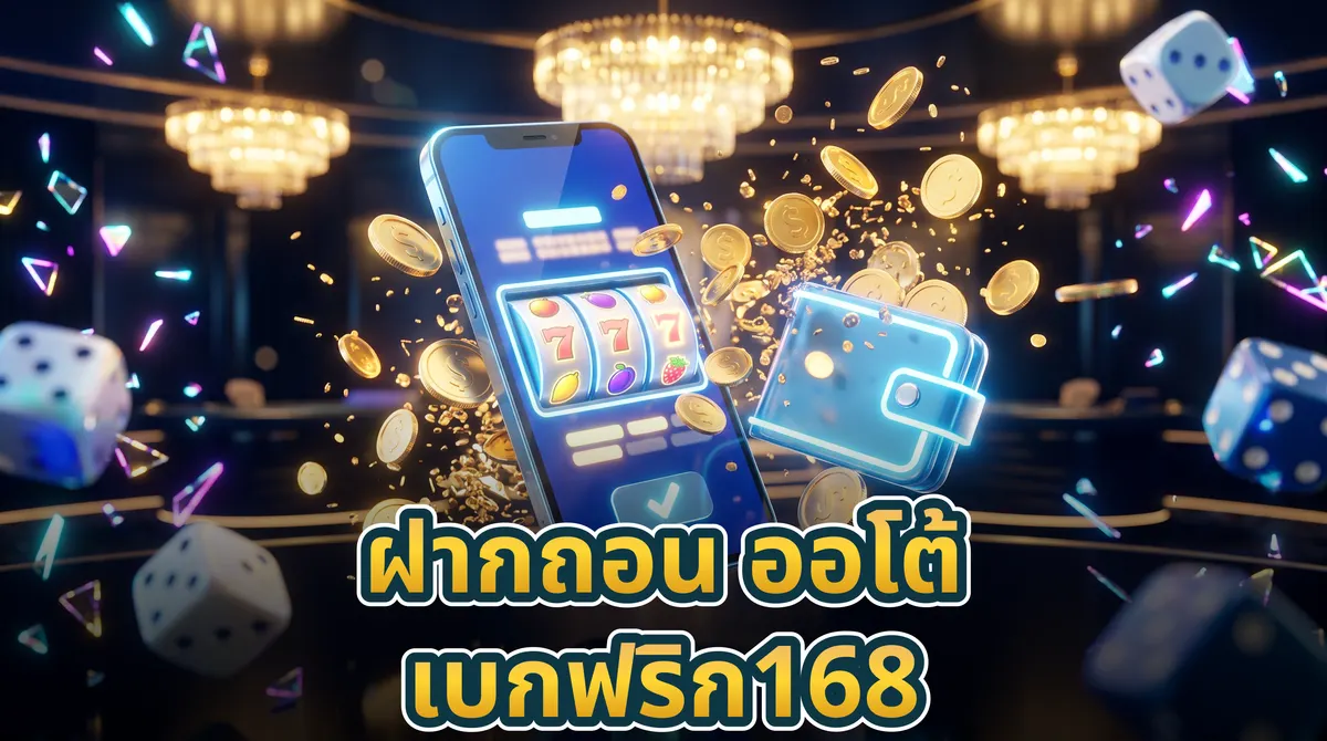 ผู้เล่นถือสมาร์ทโฟนแสดงเกมสล็อตพร้อมเหรียญทองและกระเป๋าเงินดิจิทัลแสดงถึงระบบฝากถอนออโต้