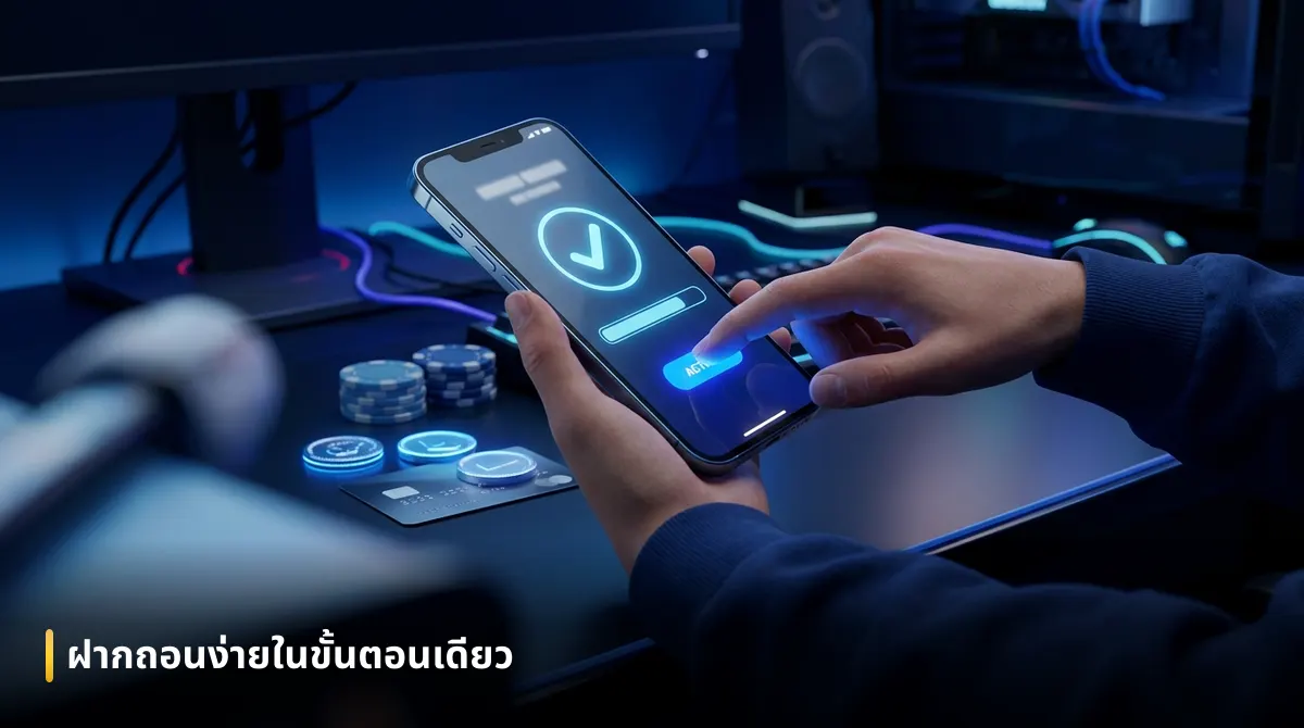 มือผู้ใช้งานกำลังแตะปุ่มทำรายการฝากถอนเงินบนหน้าจอโทรศัพท์มือถือระบบออโต้อย่างสะดวกสบาย